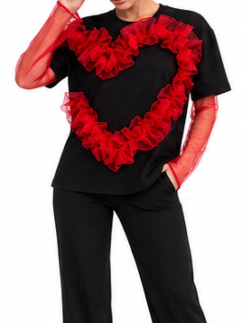 Heart Ruffle Red Attaché Tee Solid Black - Picture 6 of 6